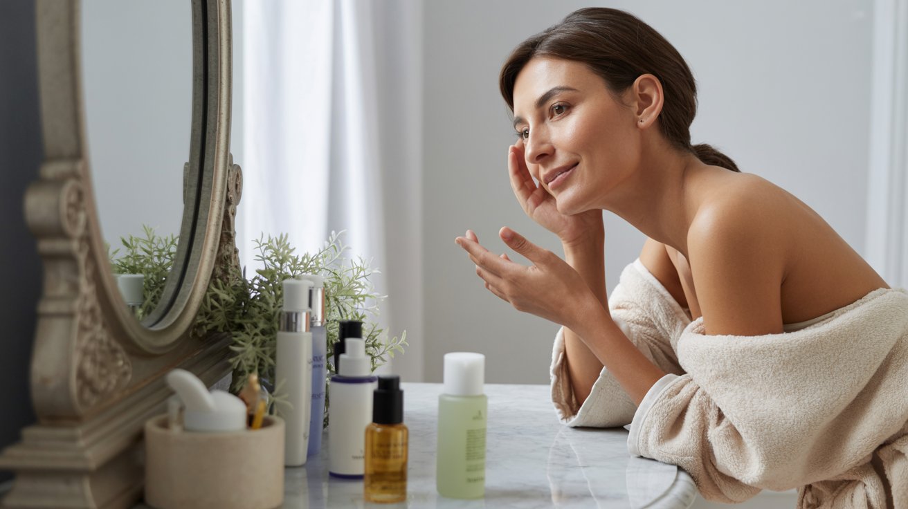 A woman in a bathrobe examines her reflection in the mirror, focusing on her face.