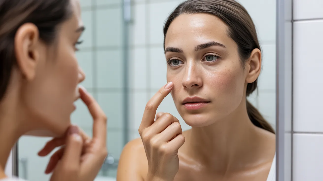 A woman gazes at her reflection in the mirror, examining her face with a thoughtful expression.