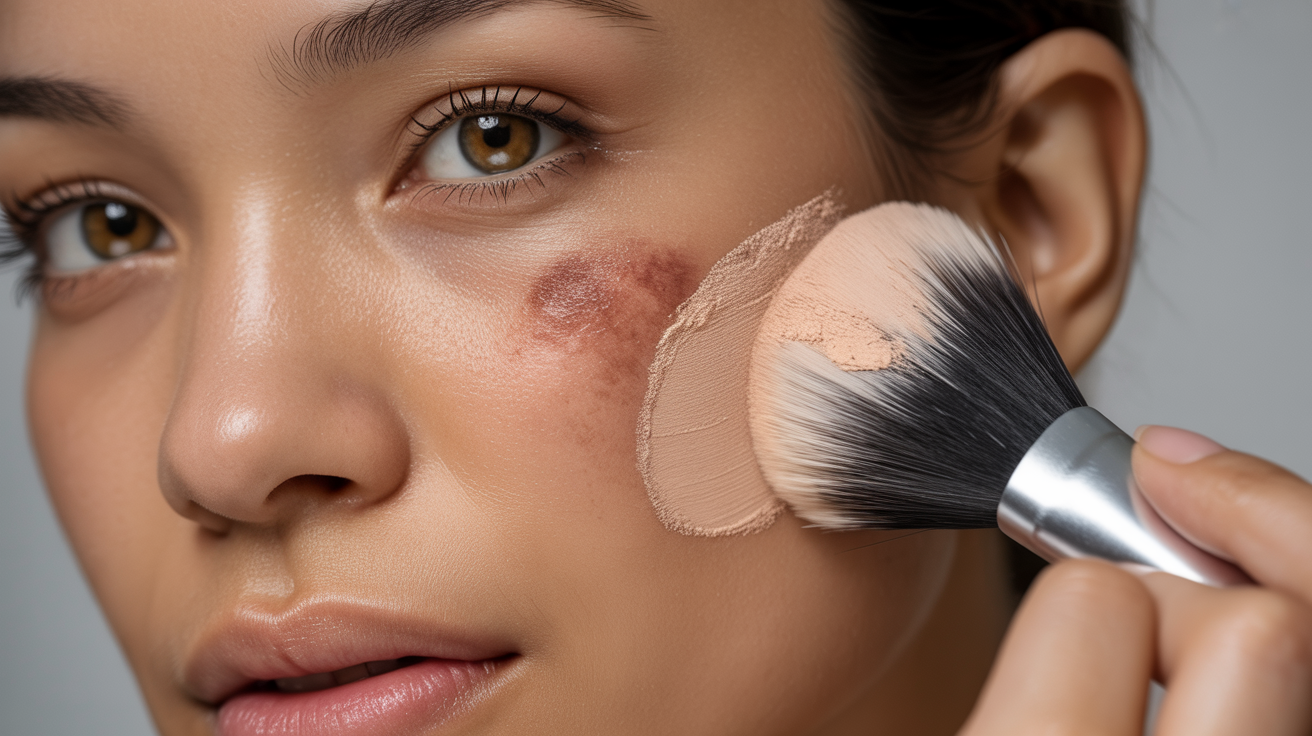 A woman skillfully applying makeup with a brush, concentrating on her beauty routine.