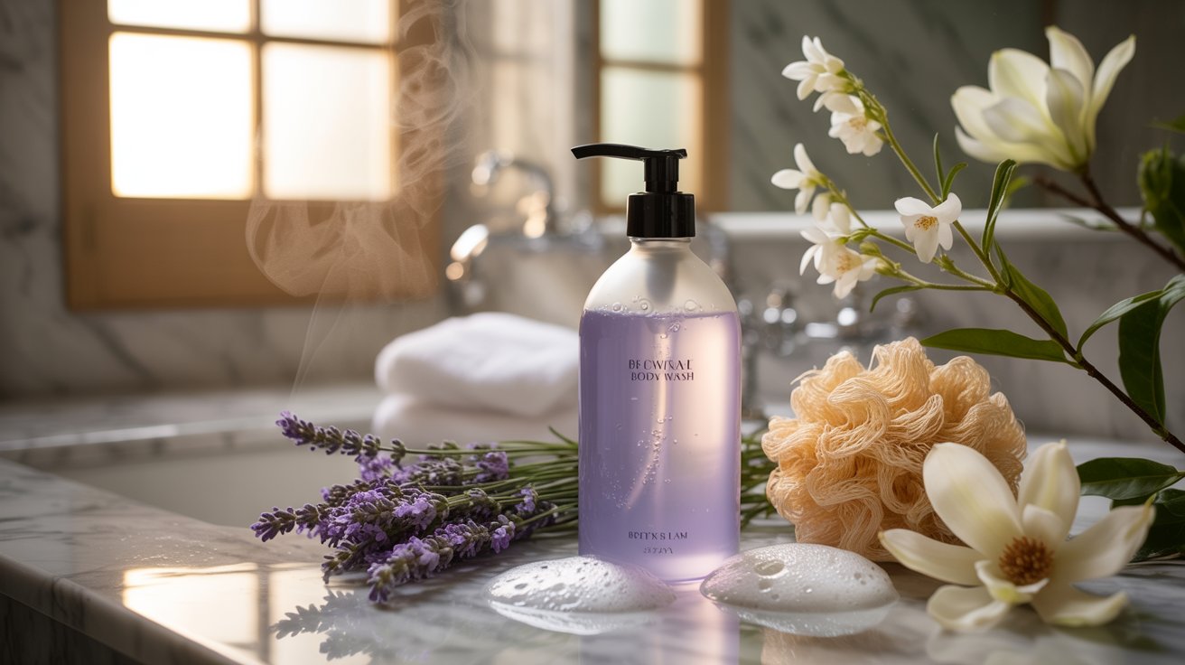 A bottle of lavender soap rests on a counter beside a bouquet of fresh flowers, creating a serene atmosphere.