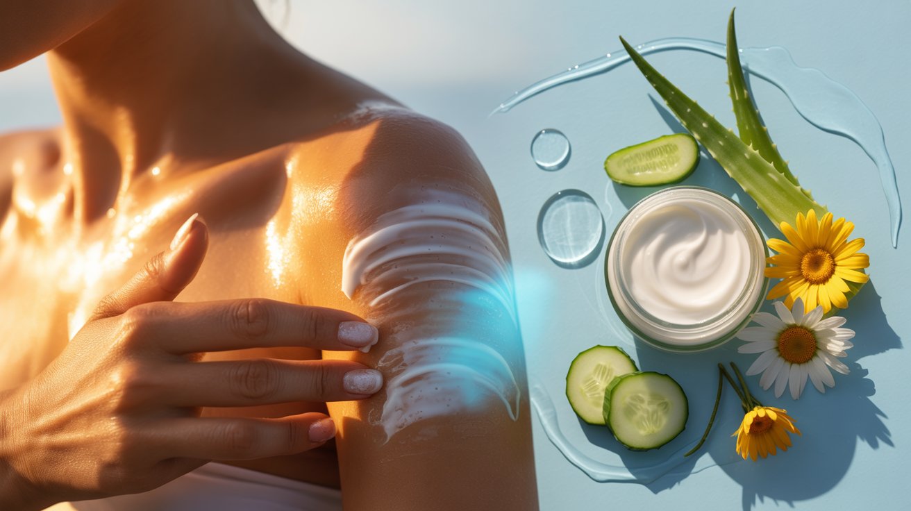 A woman applies body lotion to her arm, surrounded by slices of cucumber and aloe vera for hydration.