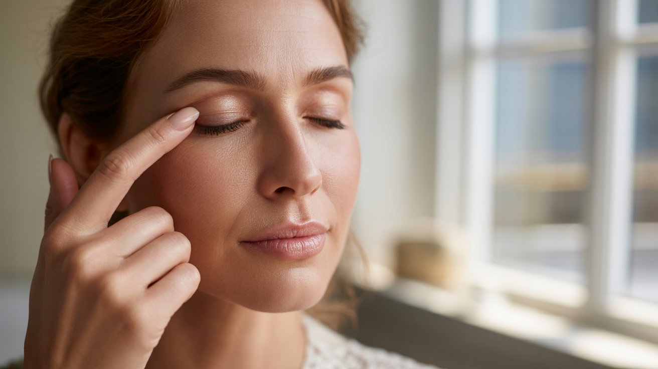 A woman gently touches her eye with her hand, appearing contemplative and focused.
