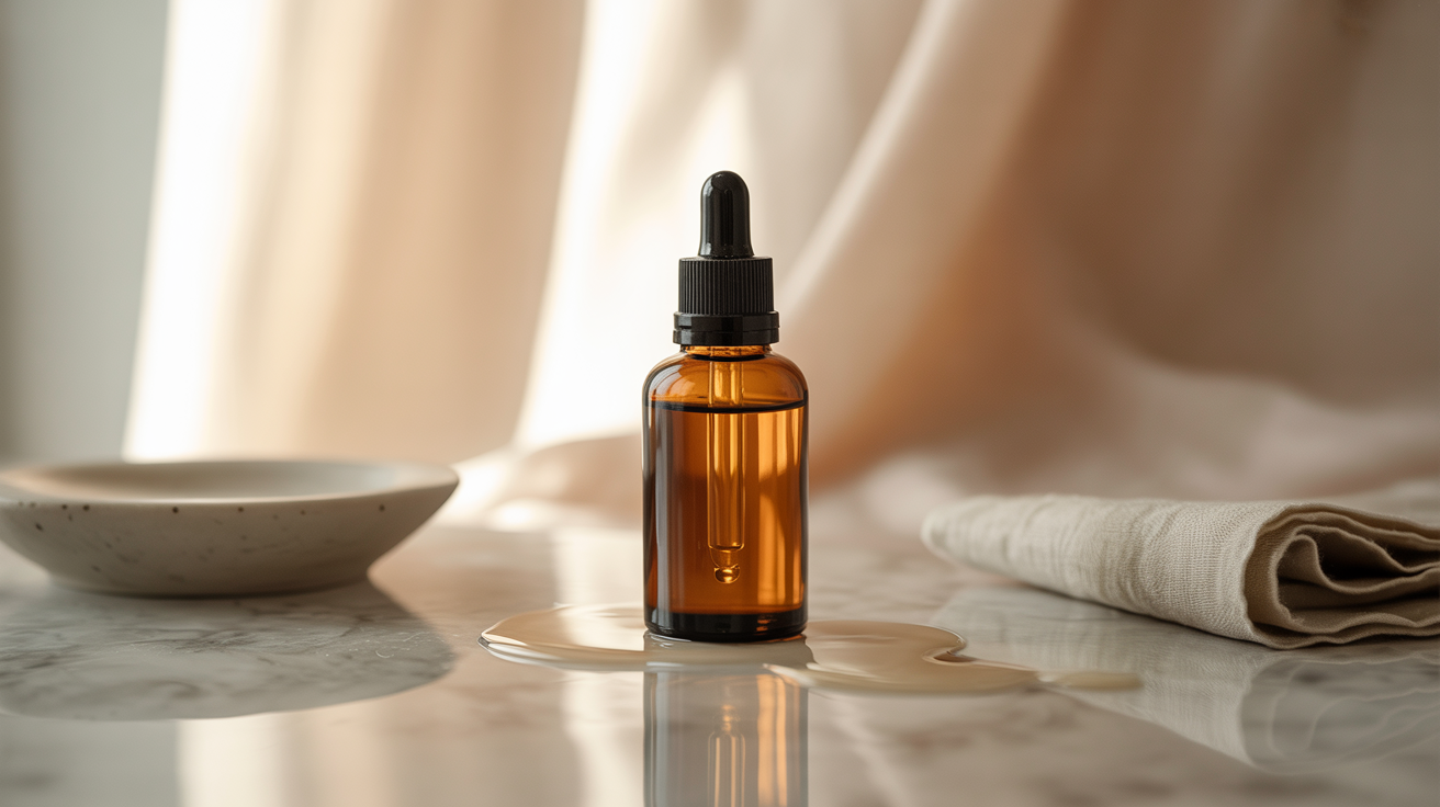 A clear bottle of essential oil resting on a table, highlighting its contents and elegant label.