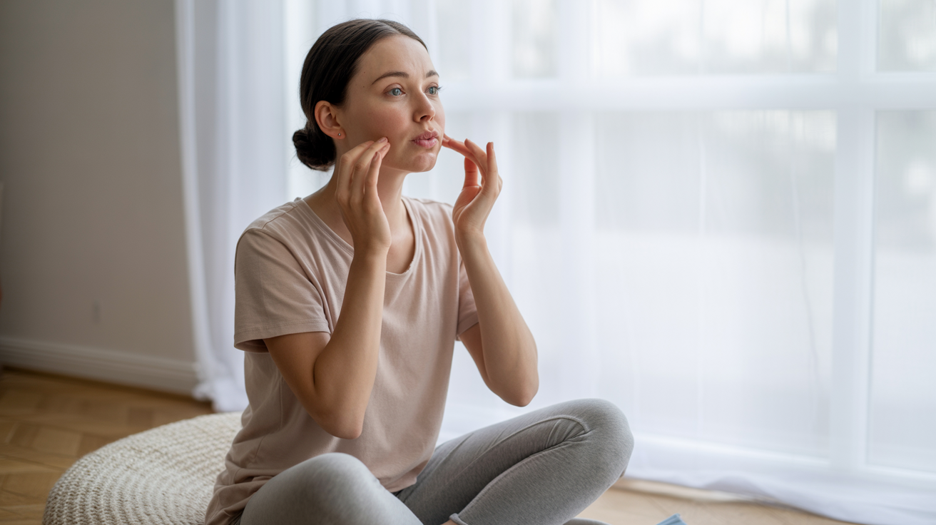 A woman sitting on the floor, her hands covering her face, conveying a sense of distress or contemplation.