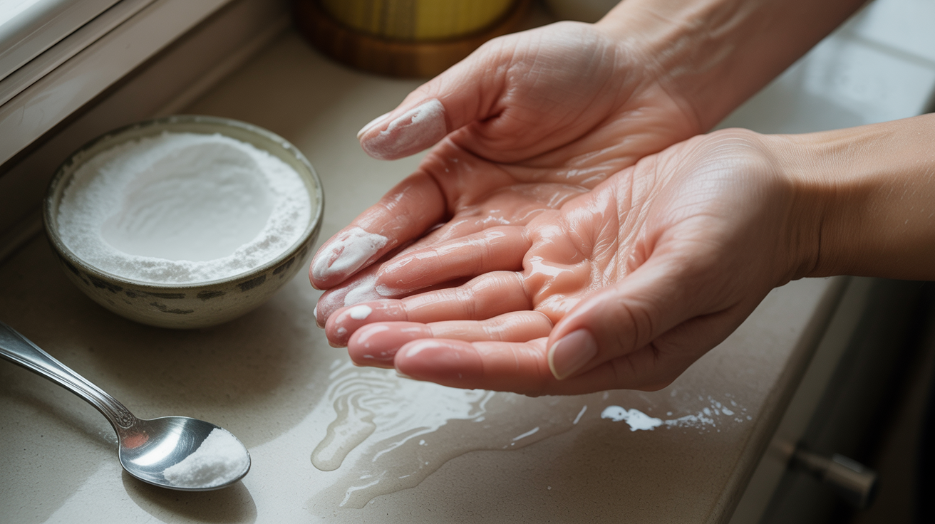 A person washing their hands beside a bowl of sugar, emphasizing hygiene in a kitchen setting.