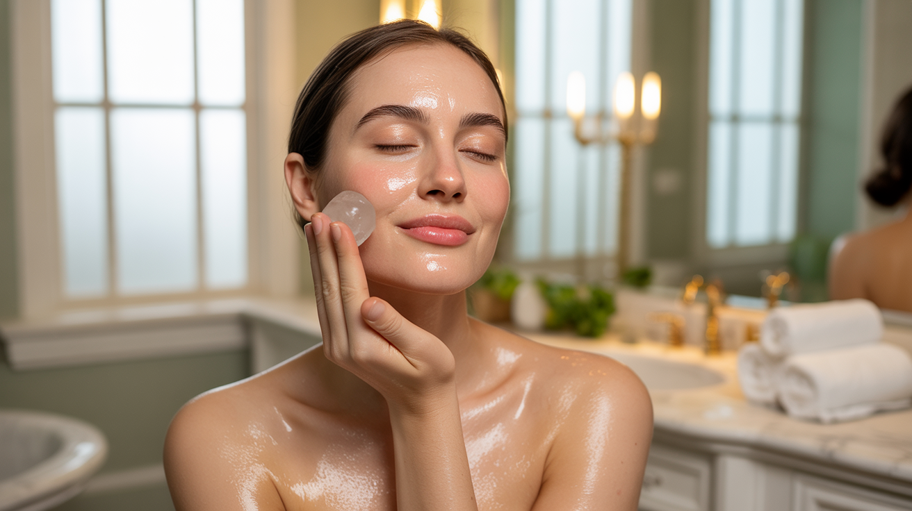 A woman applies a facial mask to her face, focusing on skincare and self-care in a bright, well-lit room.