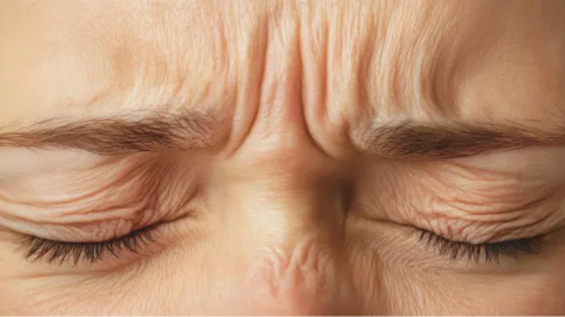 A close-up of a woman’s face showing prominent wrinkles, highlighting her age and life experiences.
