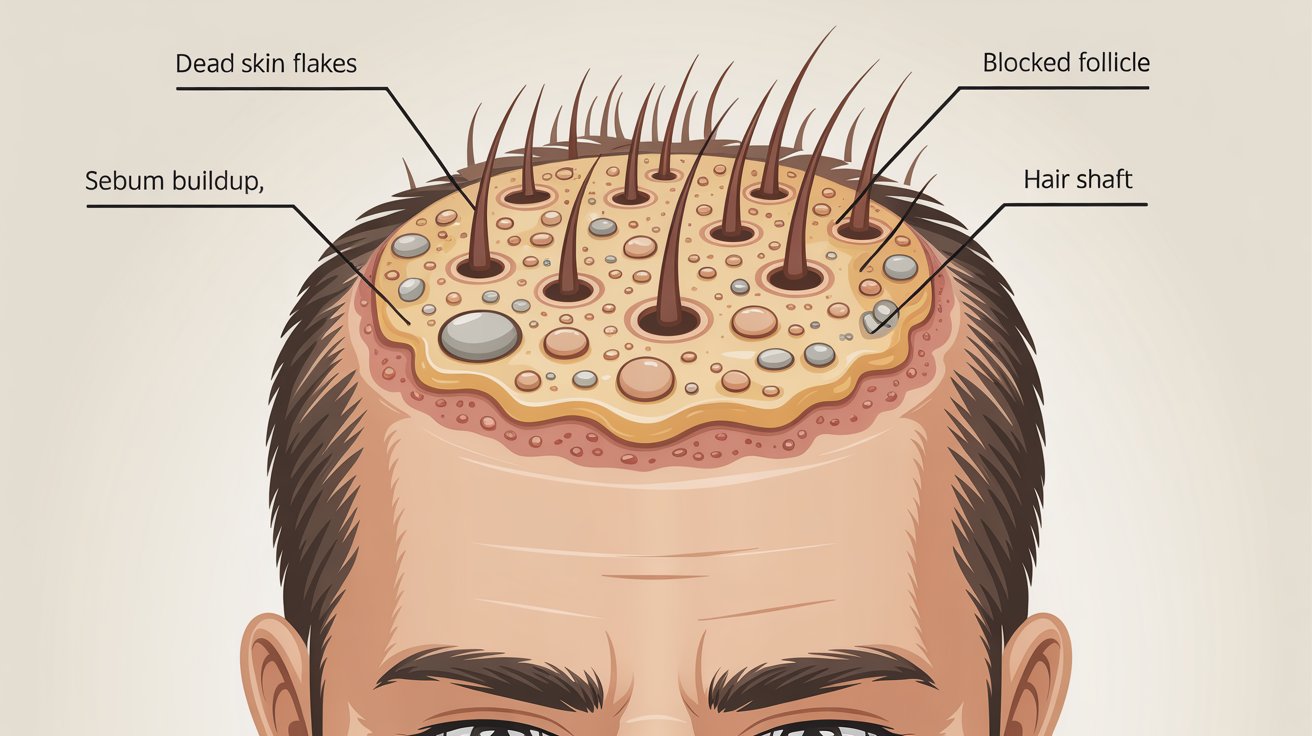 A man's hair showing various types of hair loss, each labeled for identification and educational purposes.
