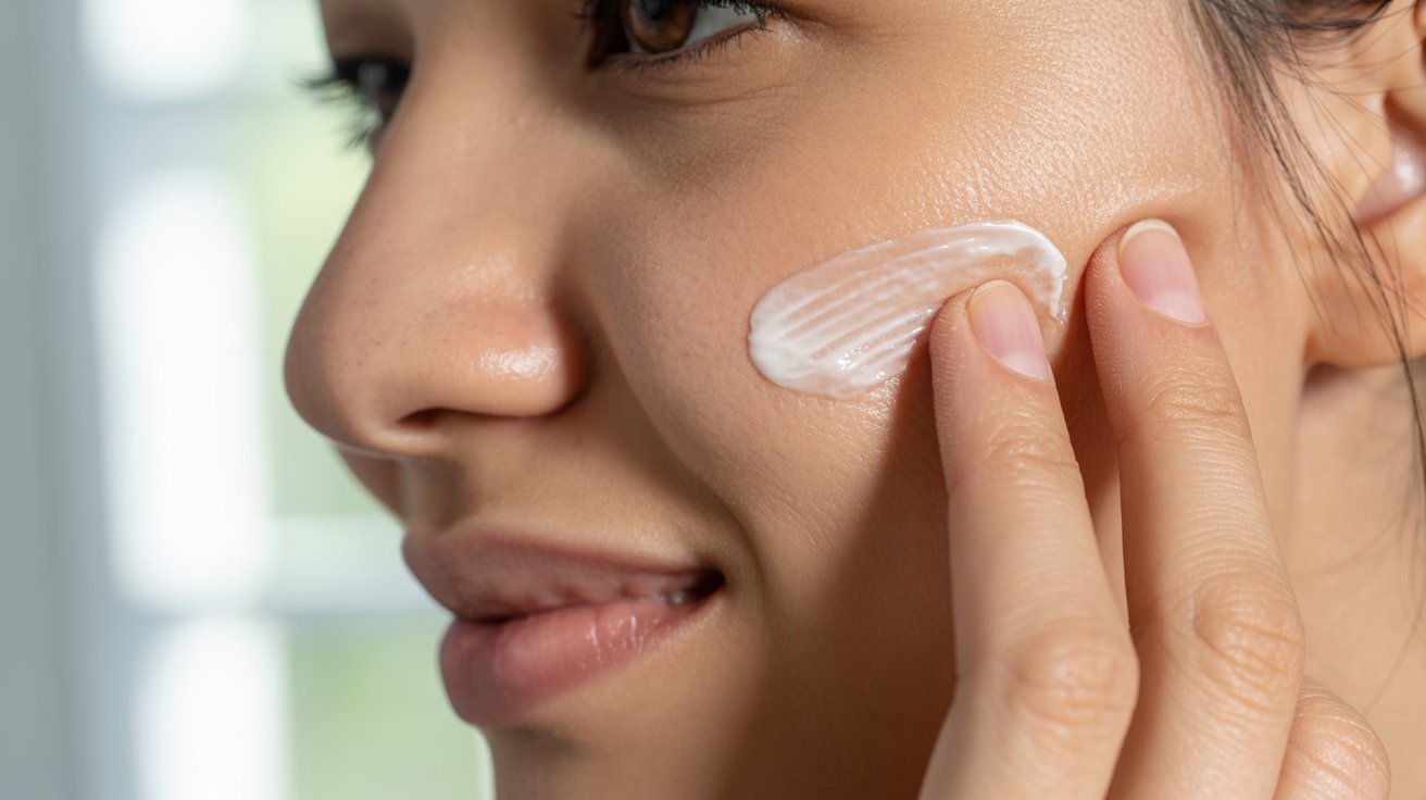 A woman gently applying cream to her face, focusing on skincare and self-care routines.