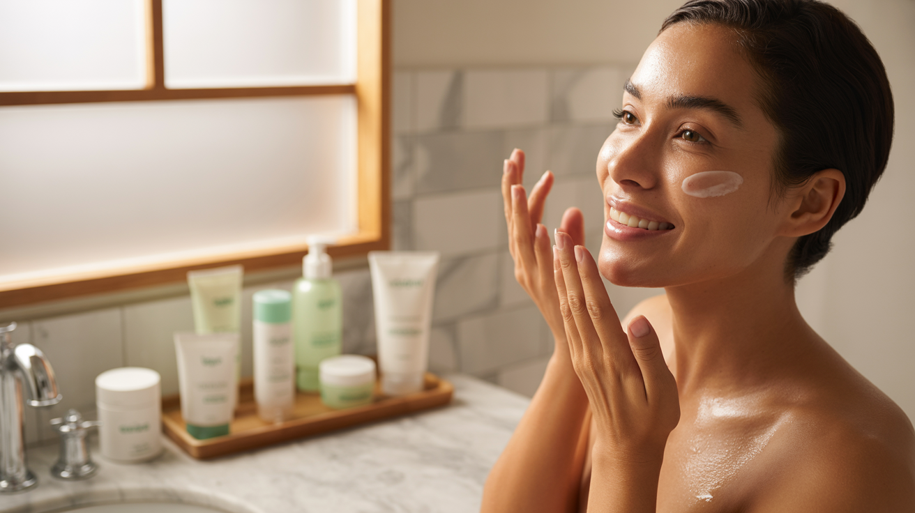 . A woman smiles while applying facial cleanser, showcasing a moment of self-care and skincare routine.