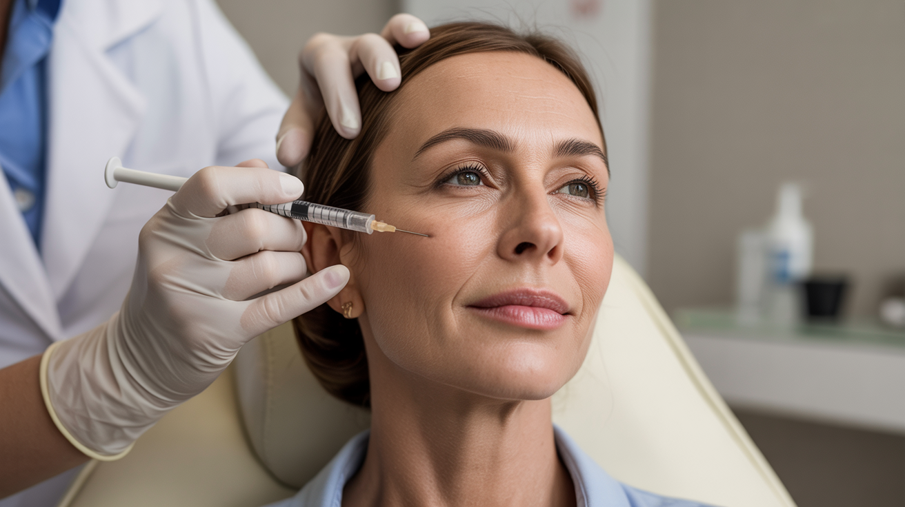 A woman receiving a facial injection in a clinical setting, with a healthcare professional administering the procedure.