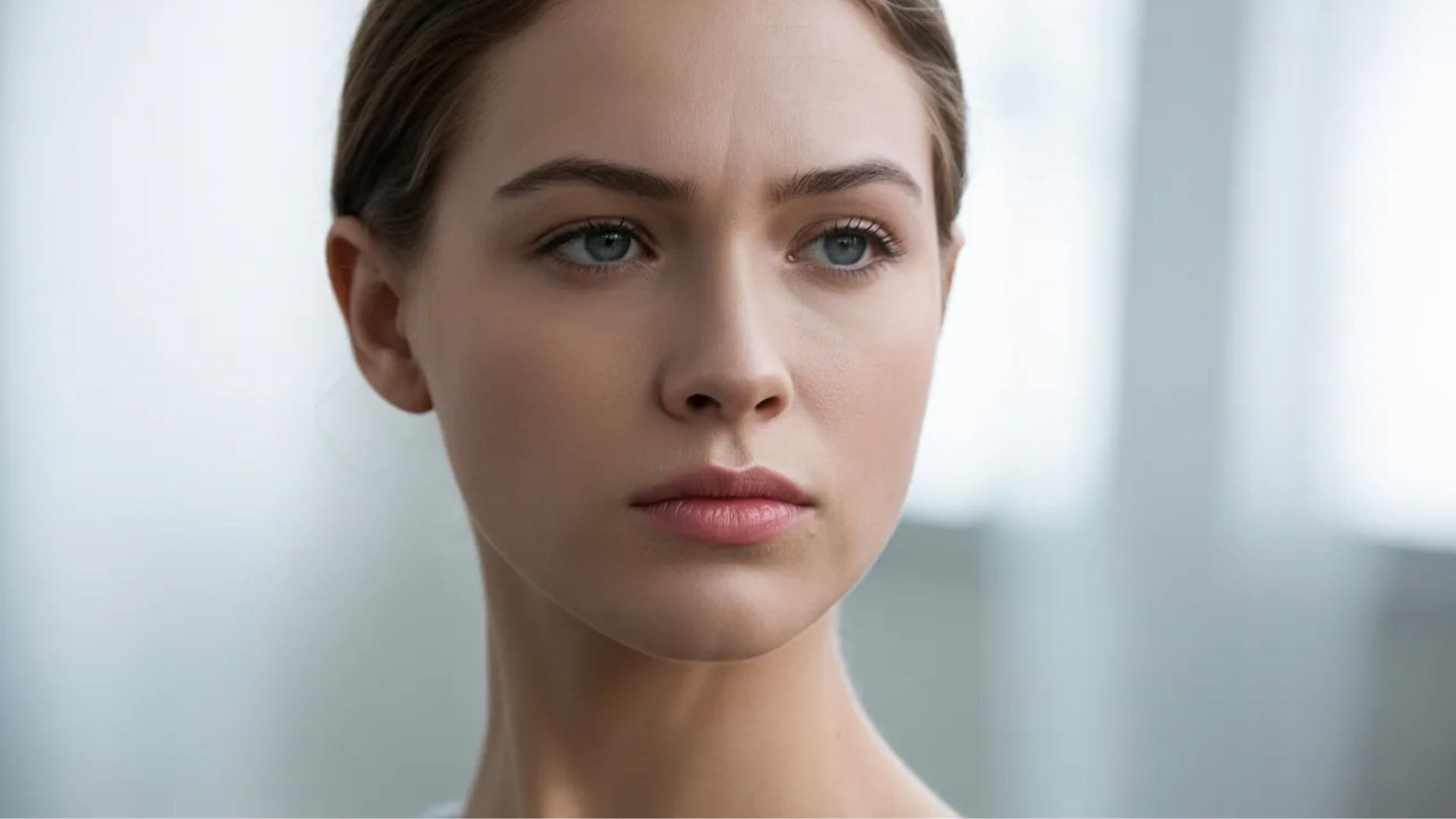 A woman with a thin face gazes thoughtfully to the side, her expression contemplative and serene.
