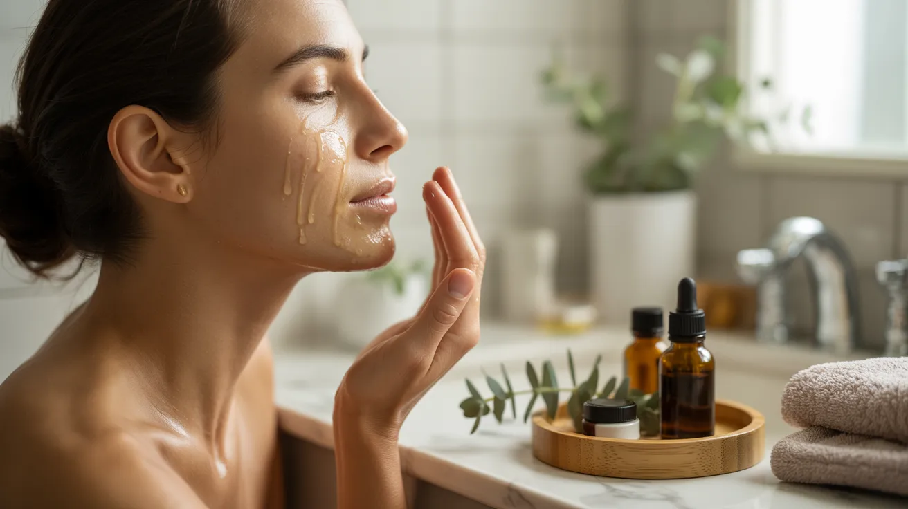 A woman applies a facial mask while looking in the bathroom mirror, surrounded by skincare products.