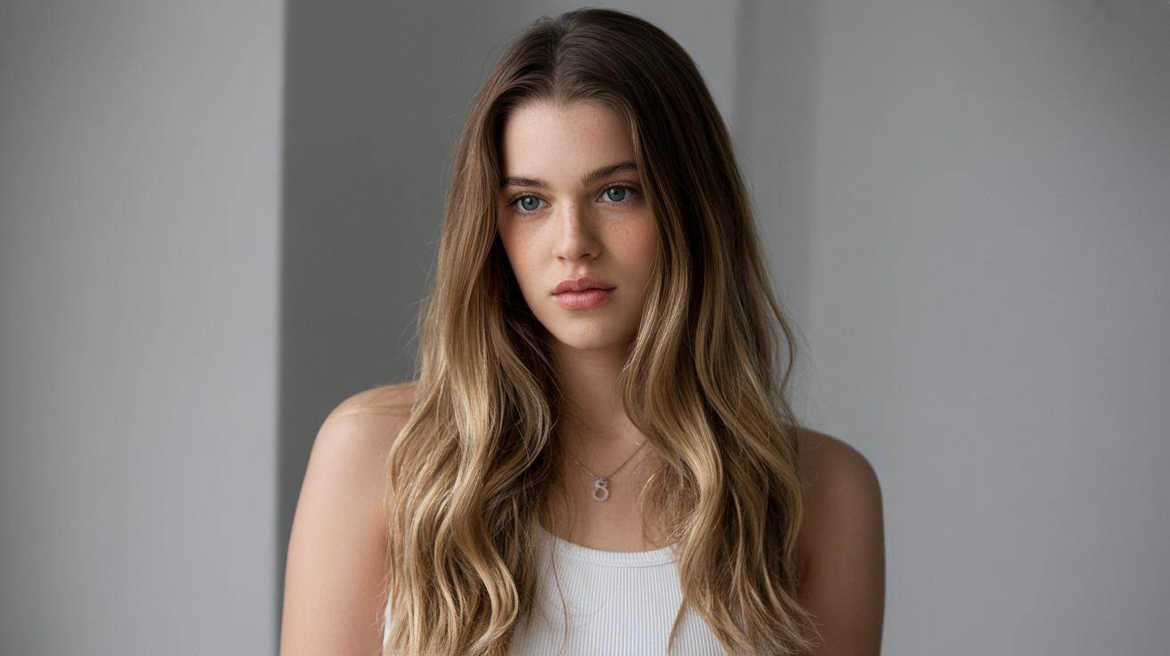 A young woman with long hair dressed in a white tank top, exuding beauty and confidence