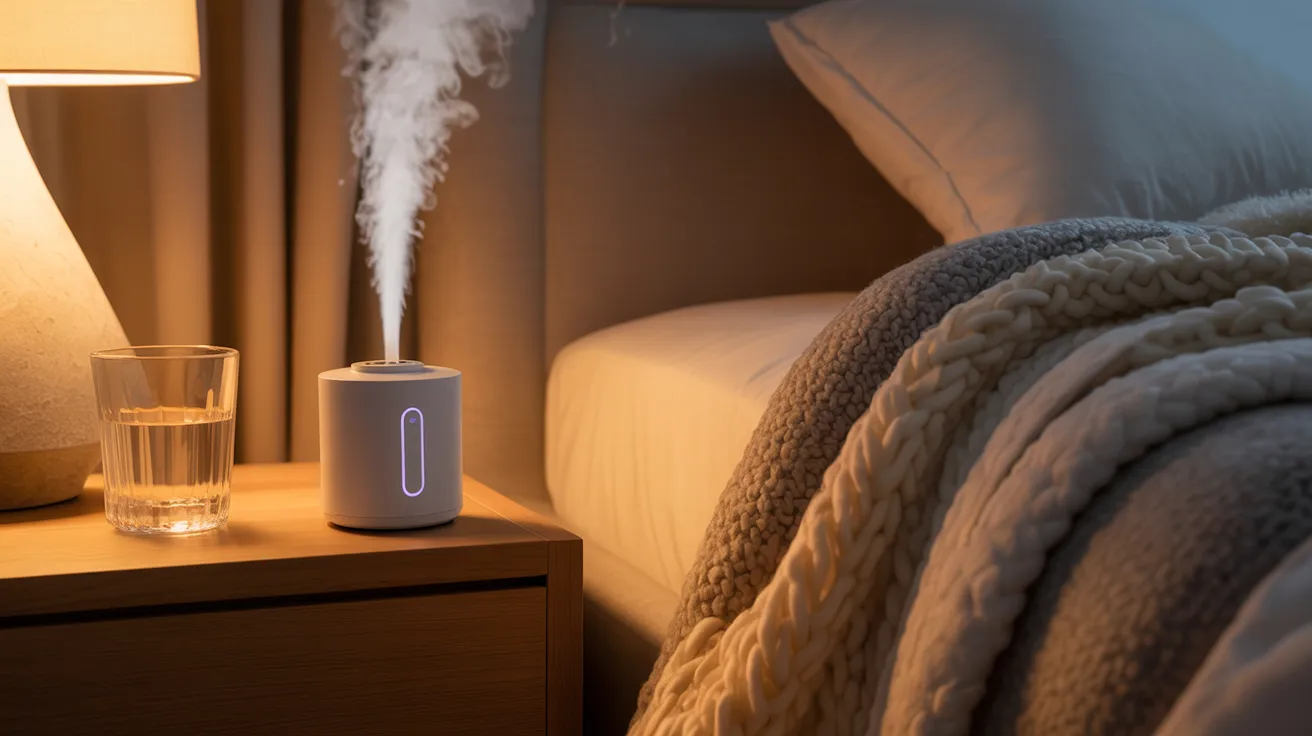A humidifier on a bed beside a lamp, illustrating expert tips for winter skin care.