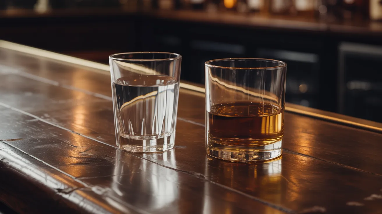 Two glasses of whiskey sit on a polished bar, reflecting warm light in a cozy atmosphere.