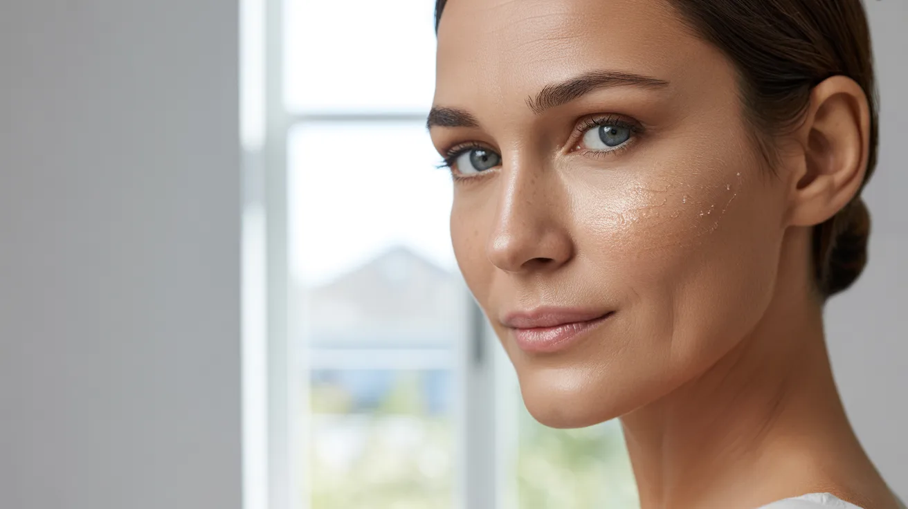 A woman in a white shirt with cream on her face, illustrating skin changes before and after a Candida diet.