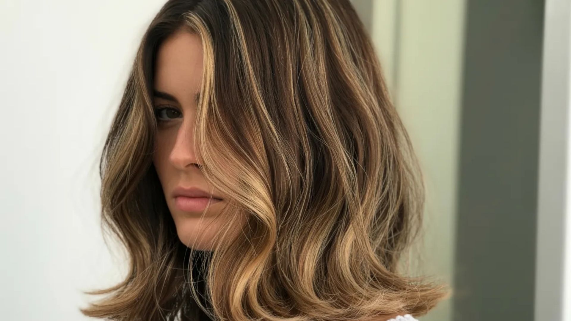 A woman with long, wavy hair gazes thoughtfully to the side, her expression contemplative.