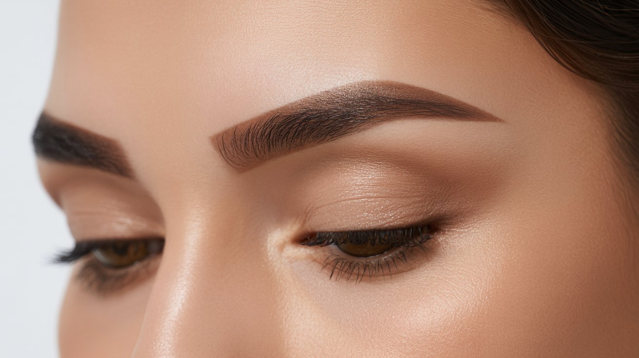 A woman with brown eyes and dark eyebrows gazes thoughtfully at the camera.
