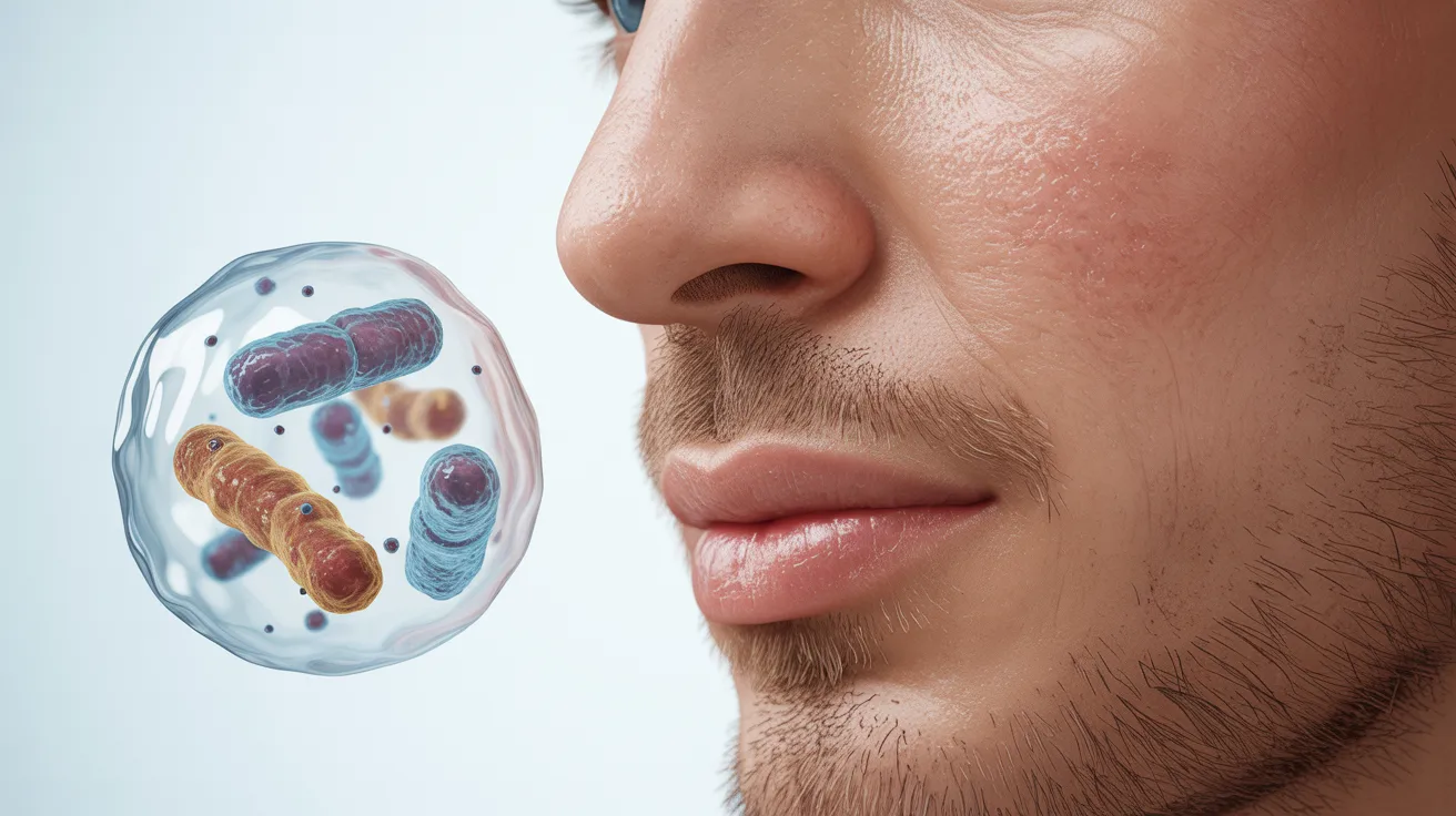 A man's face is closely examining a cell, highlighting the contrast between fungal acne and bacterial acne.