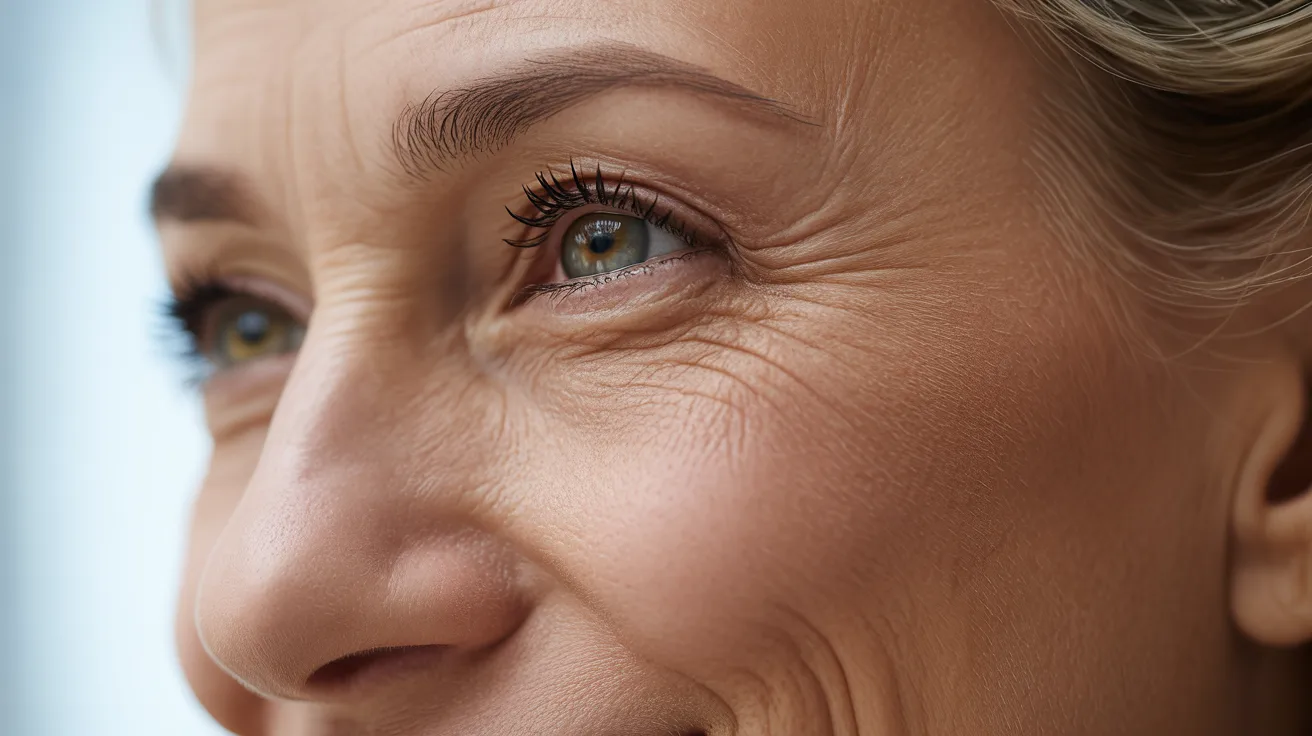 Close-up of a woman's face showing wrinkles, particularly crow's feet around her eyes, highlighting her age and experience.