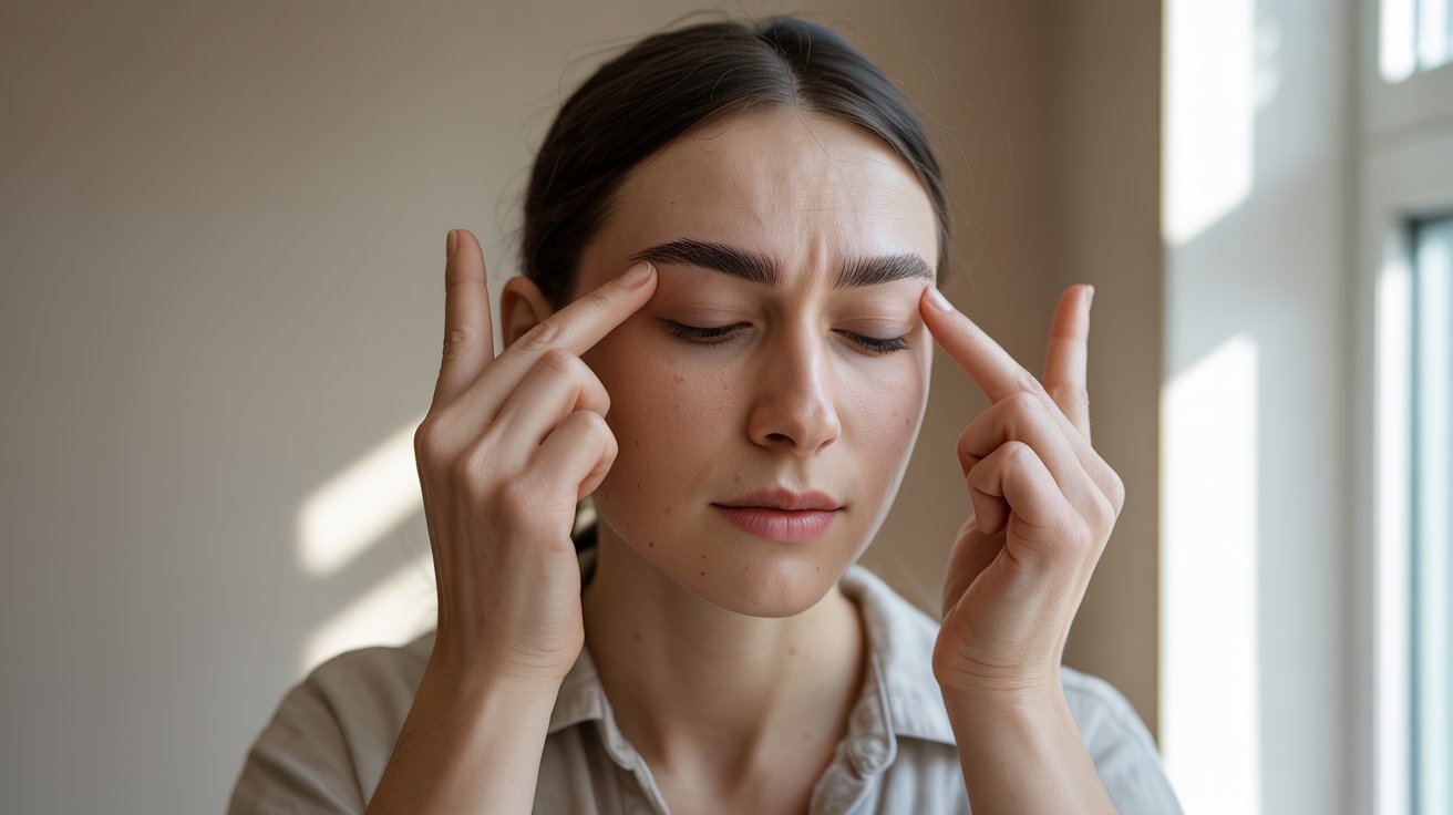 A woman is holding her hands to her head, appearing distressed or deep in thought.