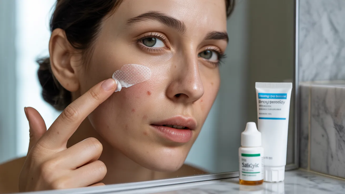 A woman thoughtfully applying a pimple patch, considering whether to use it before or after her acne treatment cream.