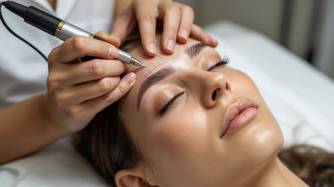 A woman receiving an eyebrow treatment using a machine in a salon setting.