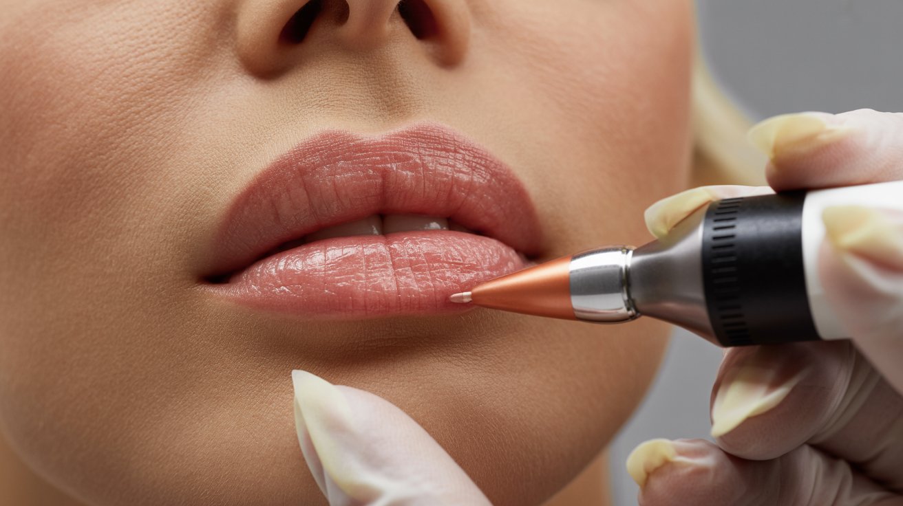 A woman receiving a lip filler injection in a clinical setting, focused on the procedure.