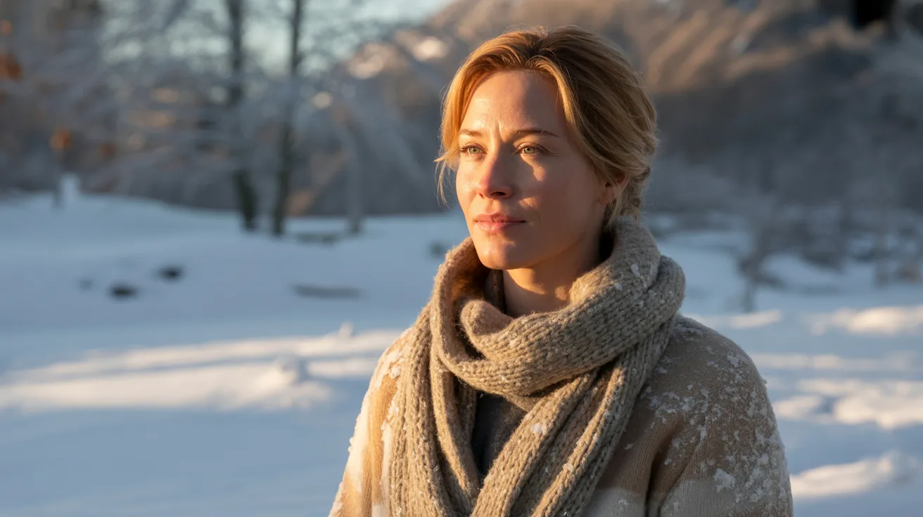 A woman wearing a scarf stands in a snowy landscape, surrounded by a serene winter scene.