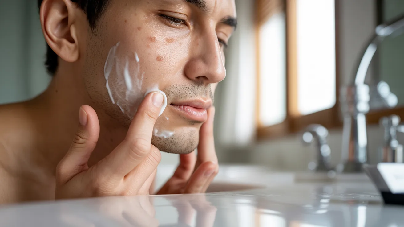 A man is using a razor to shave his face, focusing on grooming in a well-lit bathroom setting.