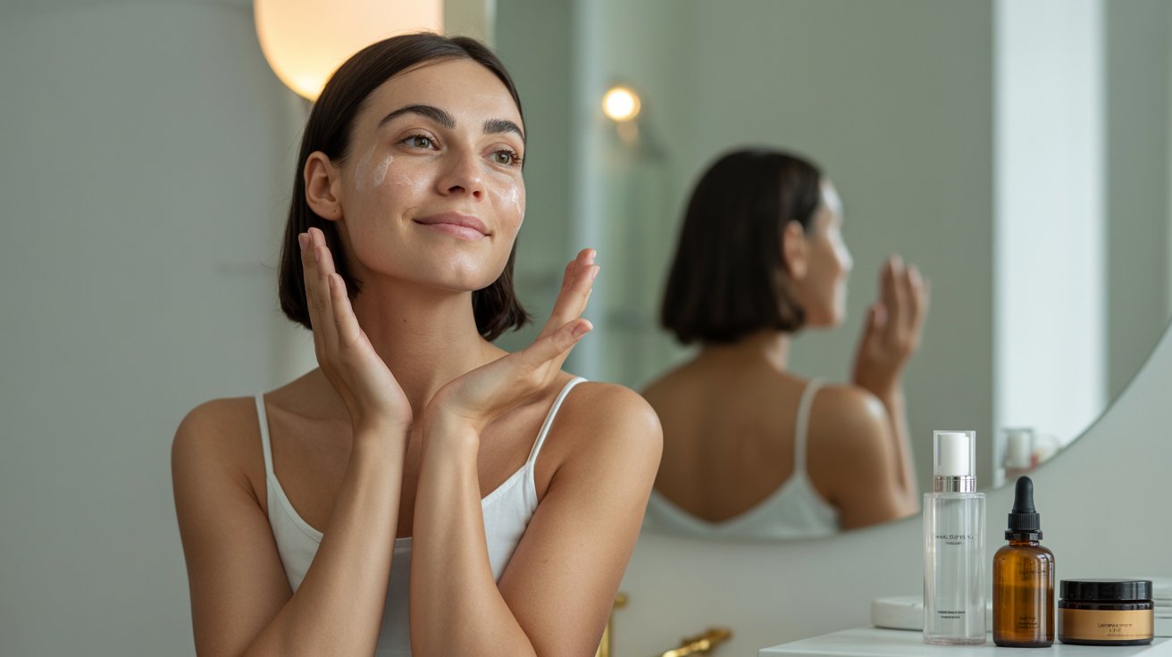 A woman gazes at her reflection in a mirror, examining her face with a thoughtful expression.