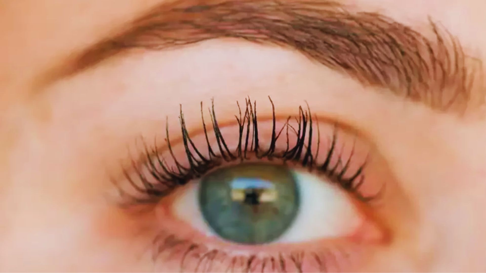 A close-up of a woman's eye showcasing long, elegant eyelashes against a soft background.