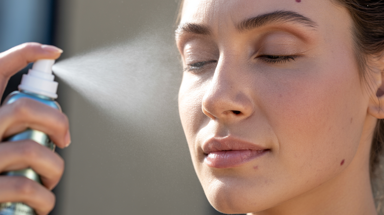 A woman is applying a facial spray, misting her face for hydration and refreshment.