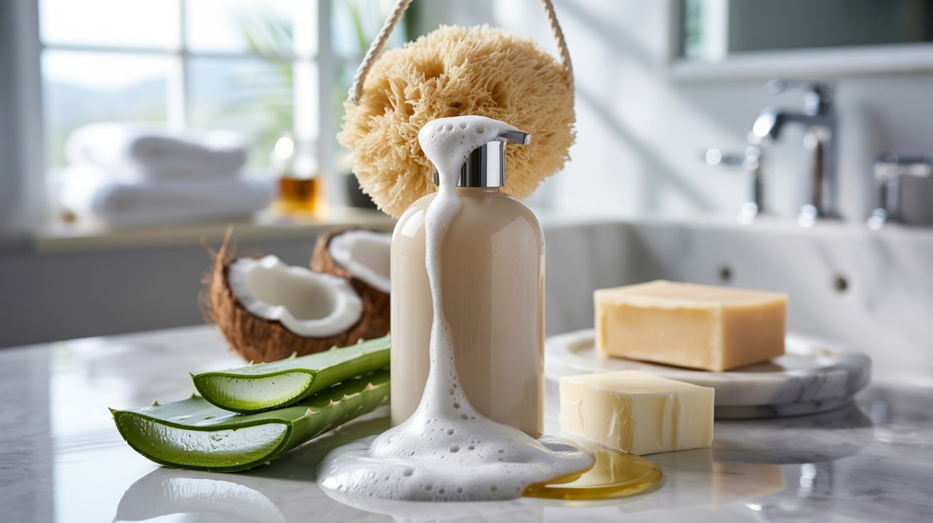 A bottle of soap, a sponge, and fresh aloe vera arranged on a kitchen counter.