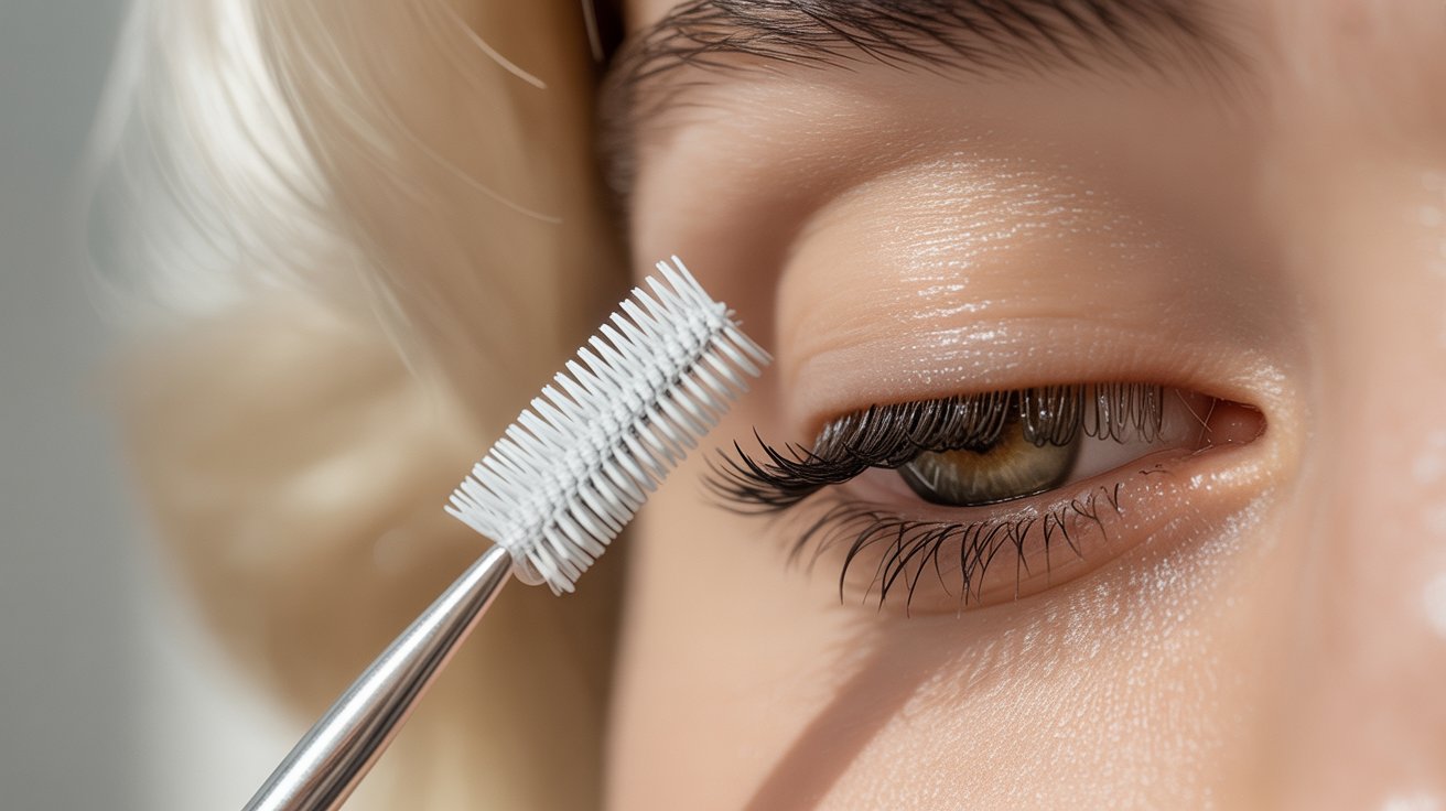 A woman with long blonde hair brushes her eyelashes with a makeup brush, focusing on her eye makeup application.
