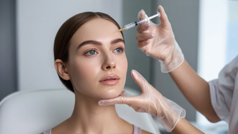A woman receiving a facial injection in a clinical setting, focused on her expression during the procedure.