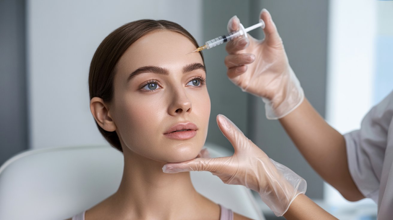 A woman receiving a facial injection in a clinical setting, focused on her expression during the procedure.