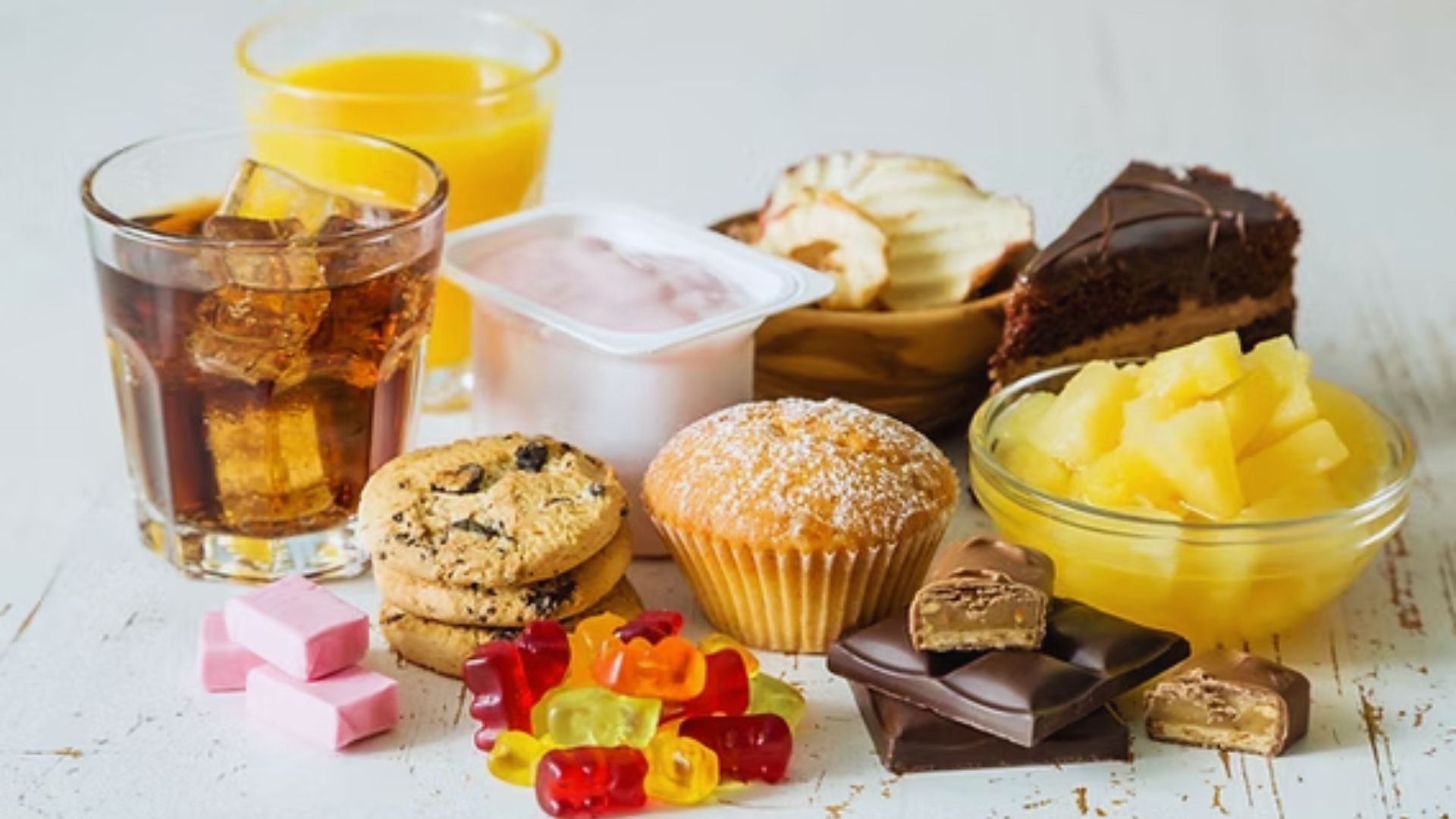 A colorful assortment of food items, including cookies, candy, and soda, displayed on a table.