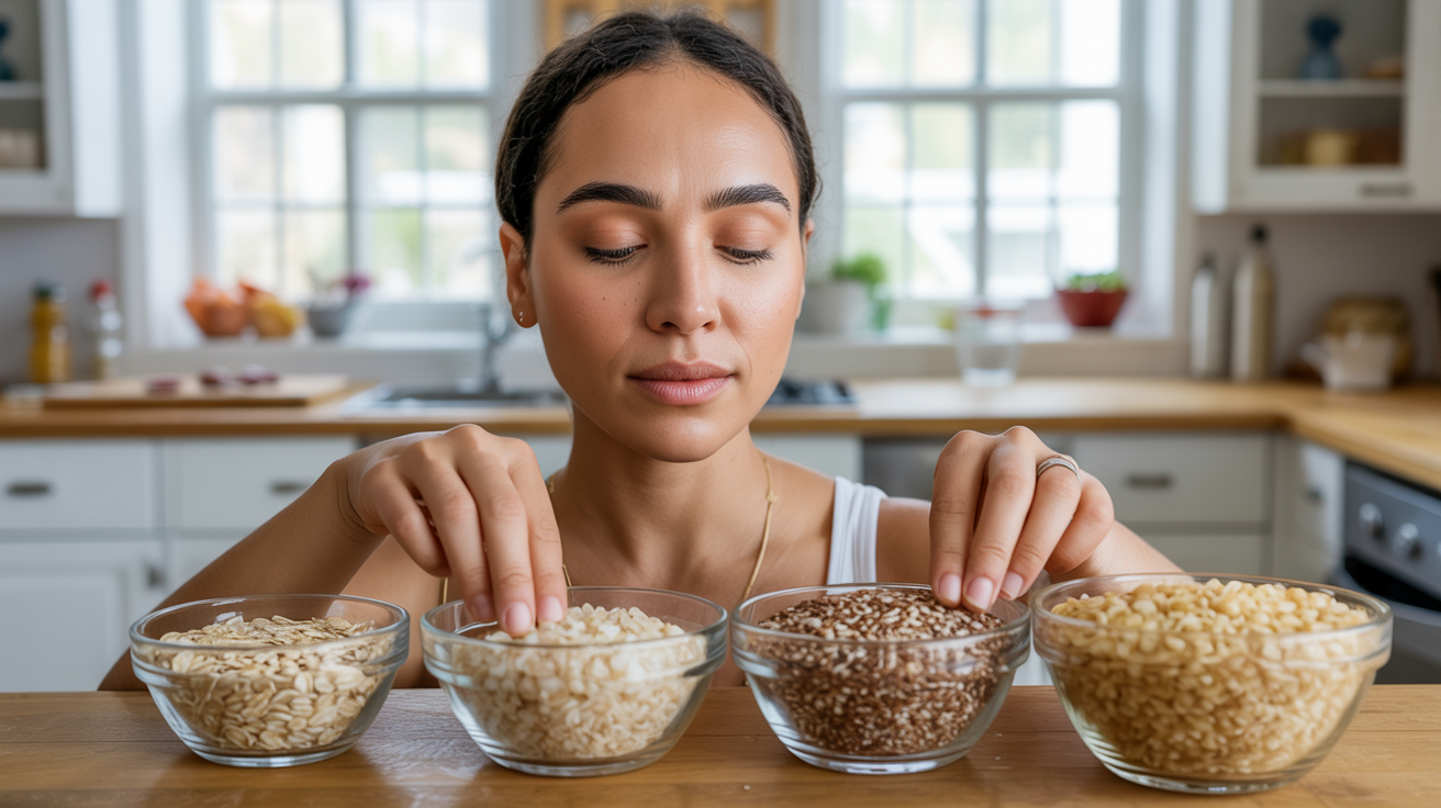 A woman examines various types of grains displayed on a table, showcasing her interest in different food options.