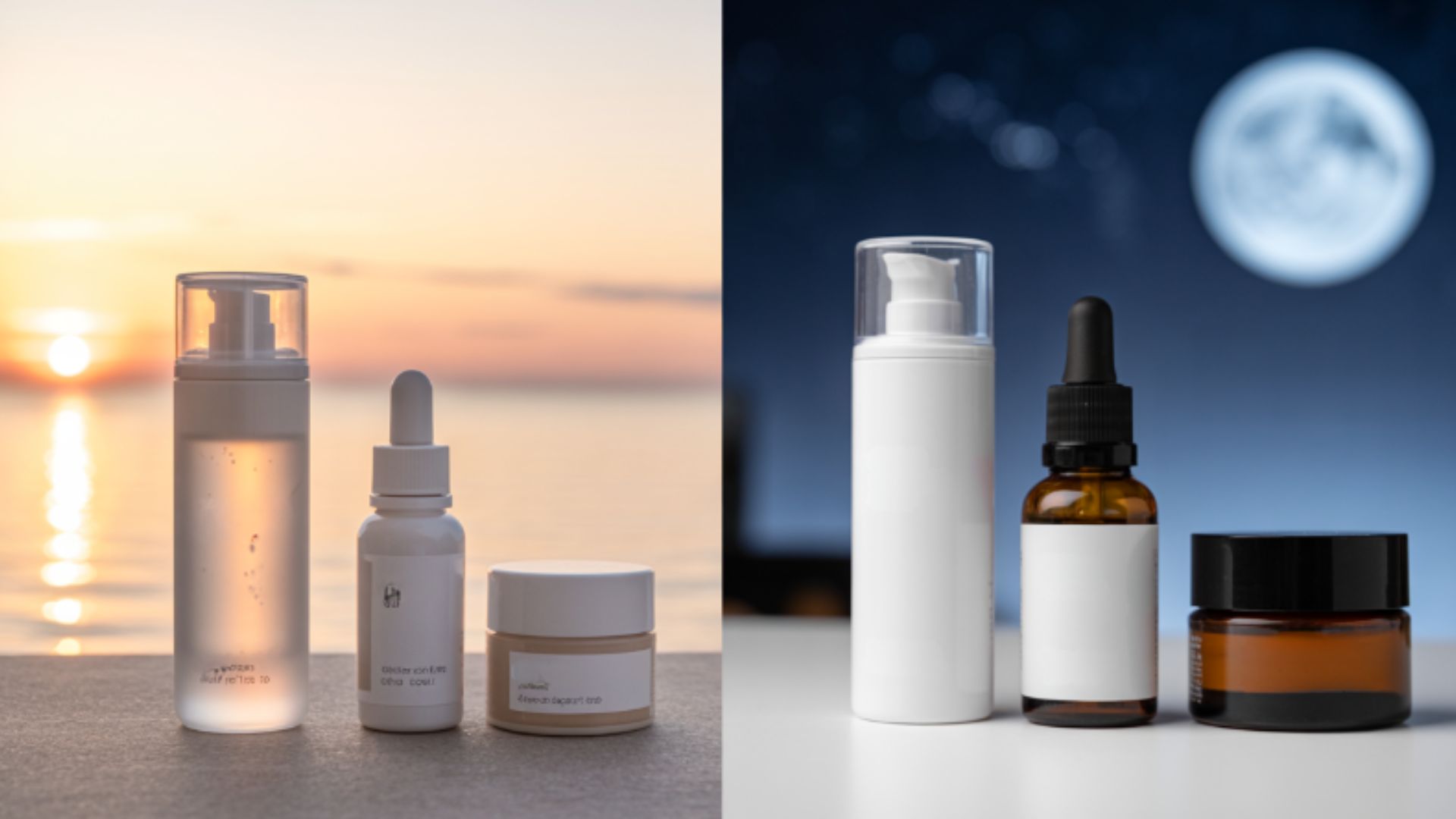 Various skincare products displayed in different positions, illustrating the correct order for toner and serum application.