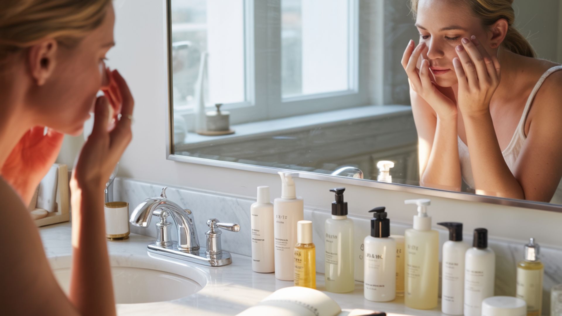 A woman examines her reflection in a mirror, contemplating potential acne issues related to creatine use.