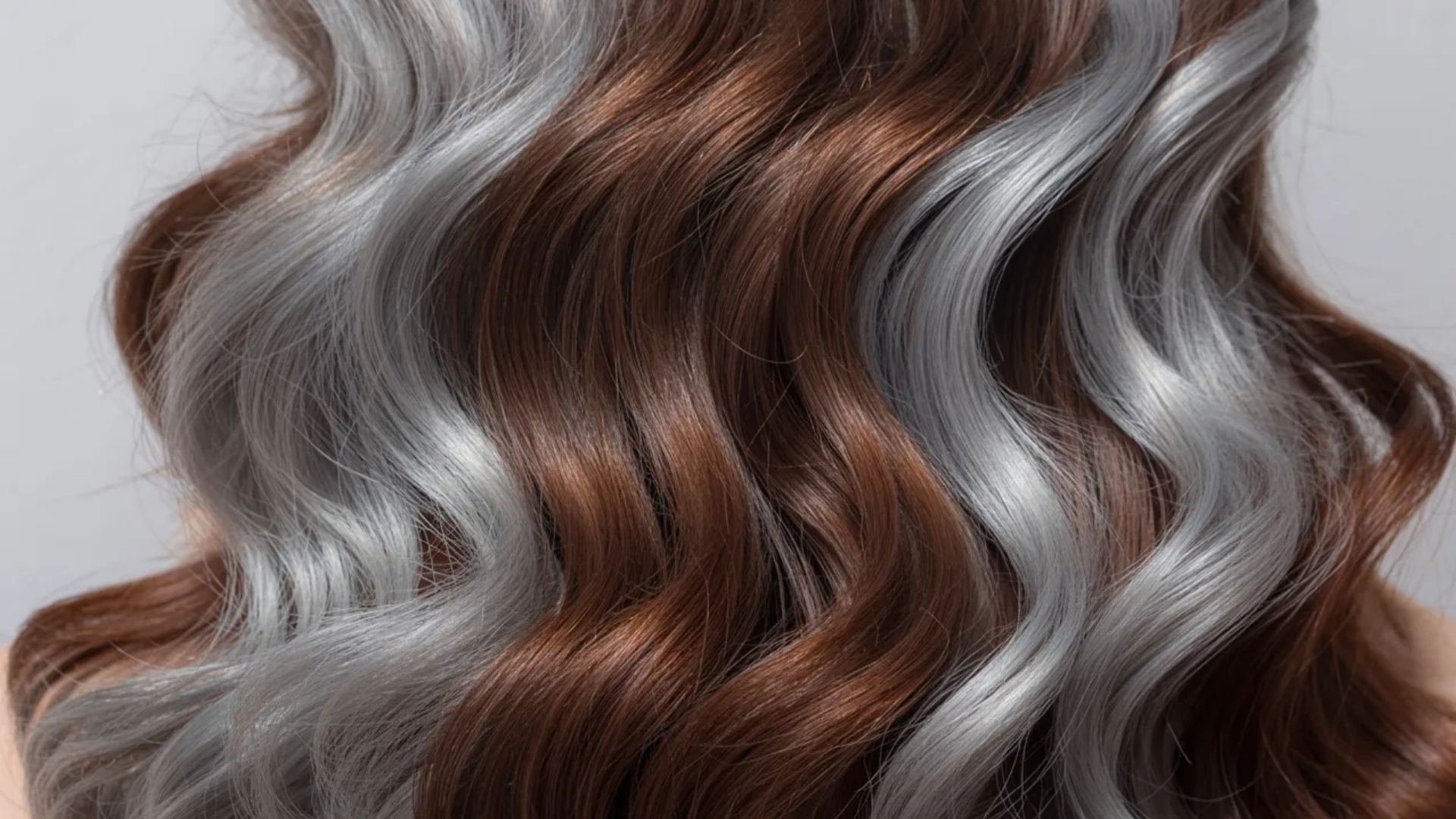 A woman with long, wavy hair featuring silver and gray highlights cascading down her shoulders.