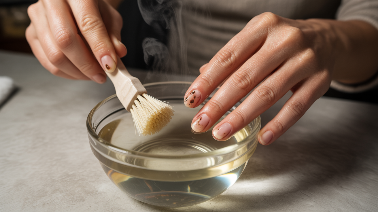 A woman brushes her nails, focusing on cleaning and maintaining their appearance.