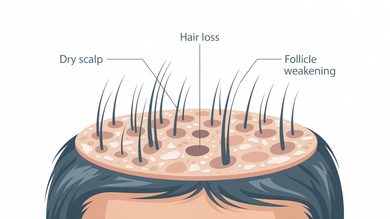 IMAGE DEPICTING AND LABELLING DRY SCALP, HAIR LOSS AND FOLLICLE WEAKENING