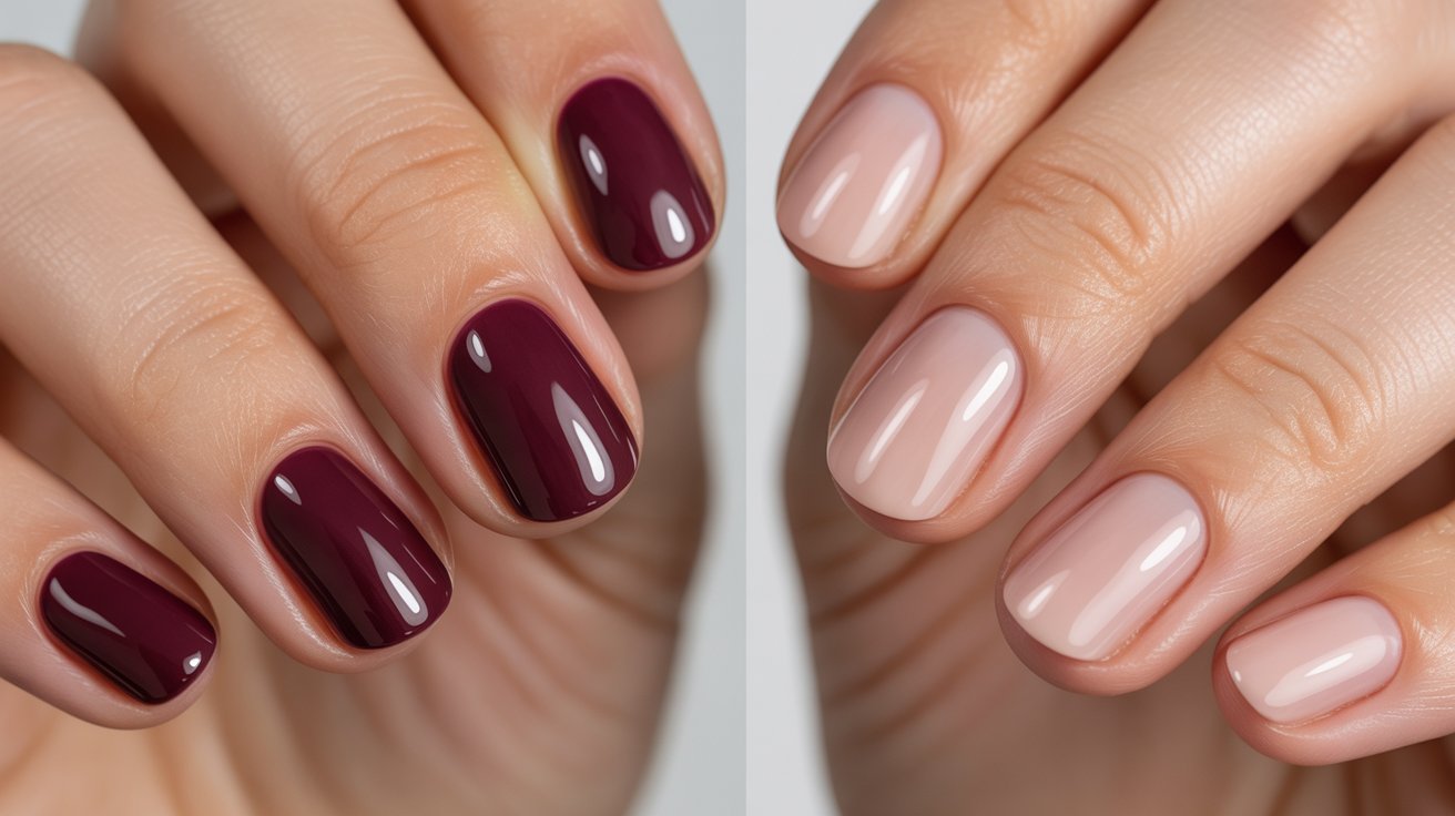 Two sets of manicured nails showcasing different colors and styles, highlighting their neat and polished appearance.