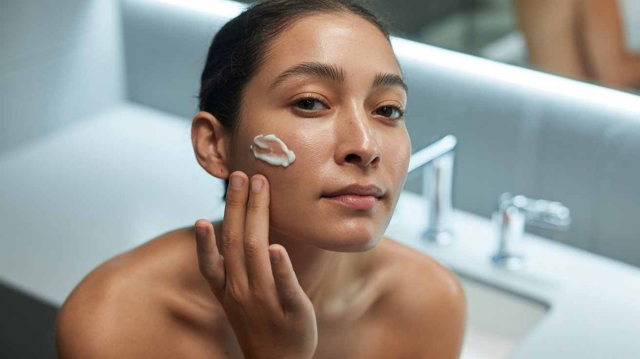 A woman gently applying cream to her face, focusing on skincare and self-care routines.