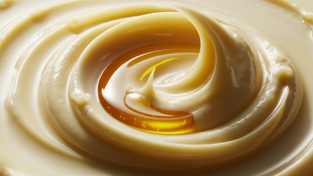 A close-up of a bowl filled with white cream and a vibrant yellow liquid swirling on top.