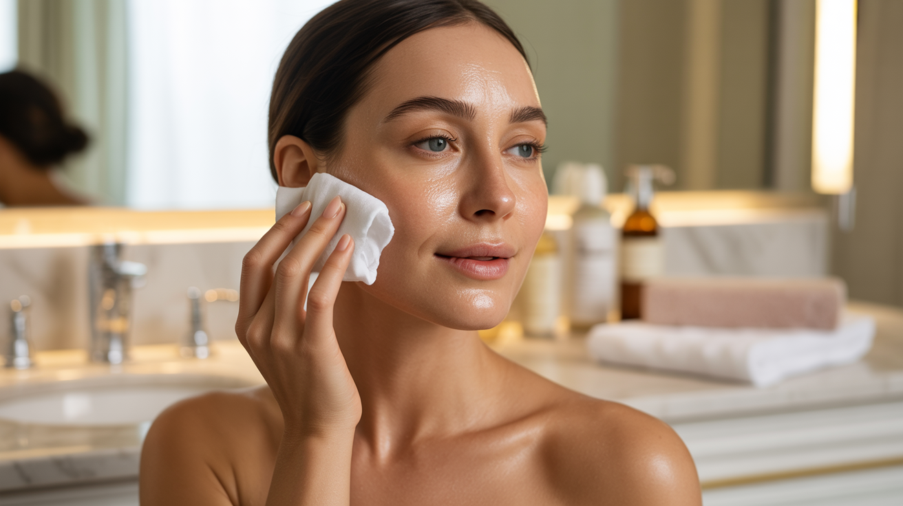 A woman is wiping her face with a towel, focusing on personal care and hygiene.