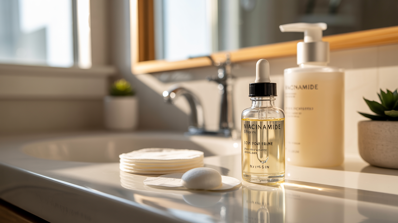 A bottle of oil and a bottle of soap are placed on a bathroom counter, ready for use.